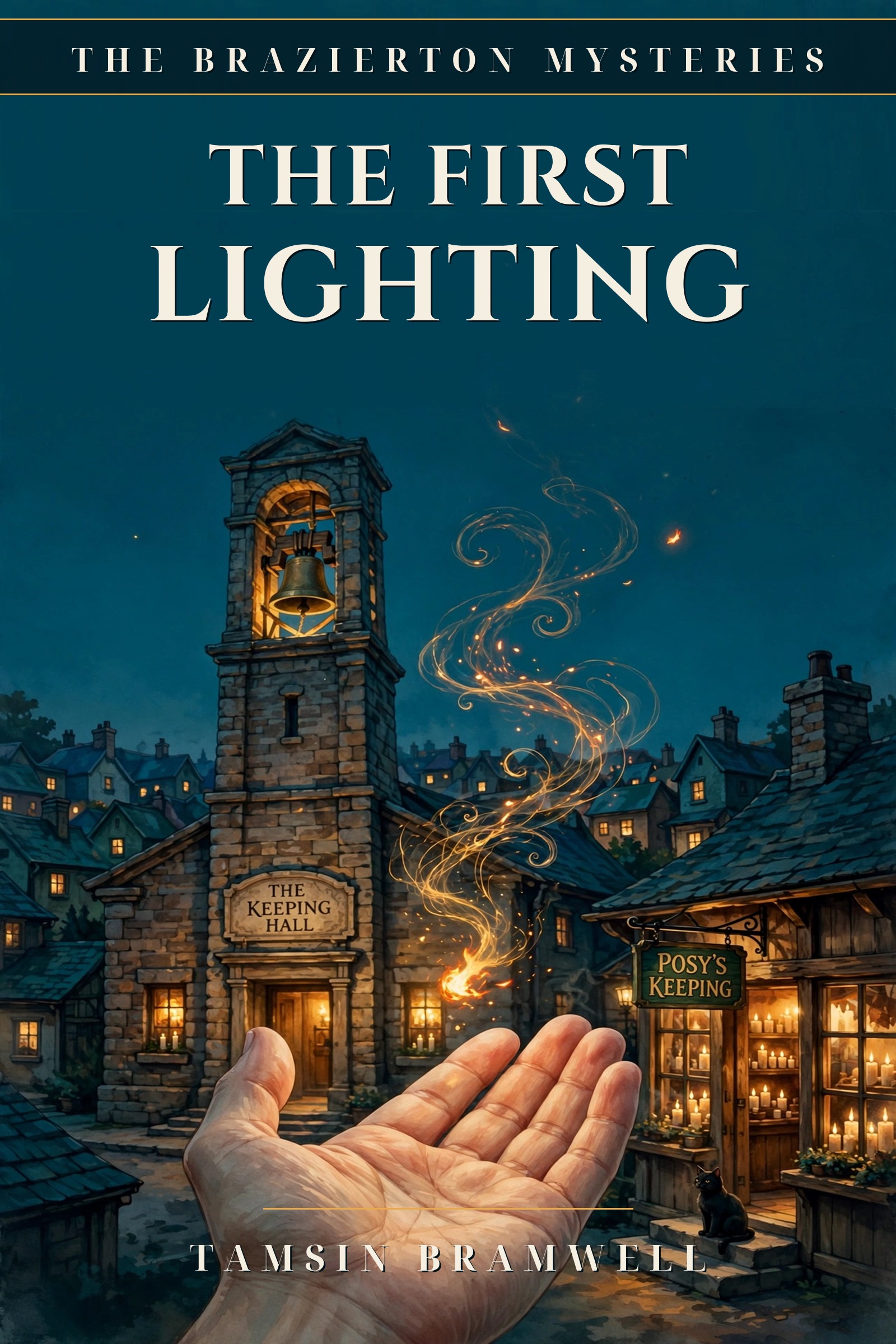 The First Lighting — cover: Brazierton at dusk, the Keeping Hall bell tower and Posy's Keeping candle shop, a hand holding a living ember